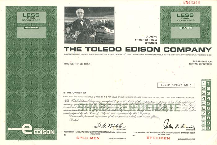 Toledo Edison Co. - Specimen Stock Certificate